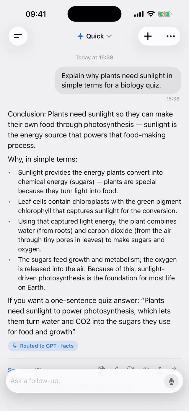 Explain why plants need sunlight in simple terms for a biology quiz.